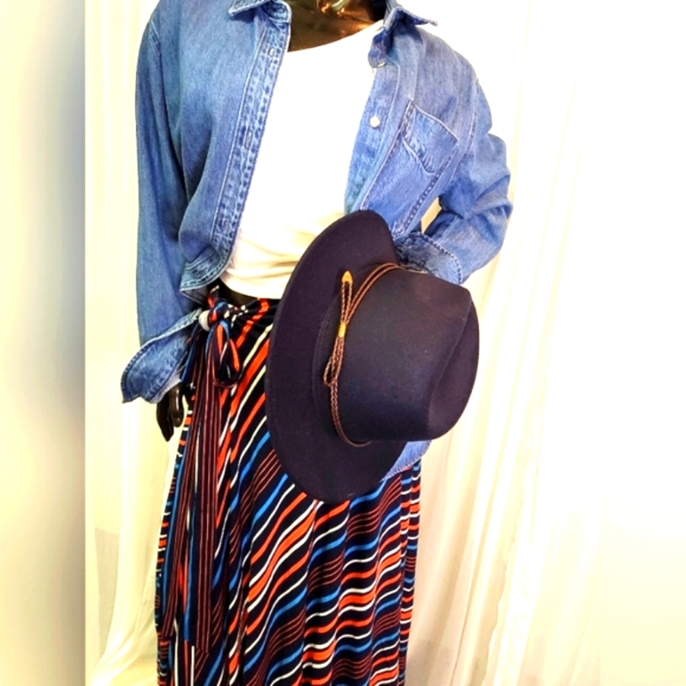 Striped Maxi Skirt With Ties. Custom Cut & Sewn. Mannequin Worn Only. - Picture 2 of 16